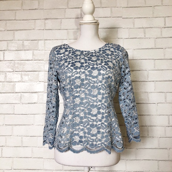 Alex Marie Tops - Alex Marie Fitted Blue White Floral Feminine Sheer Arm Lace Top